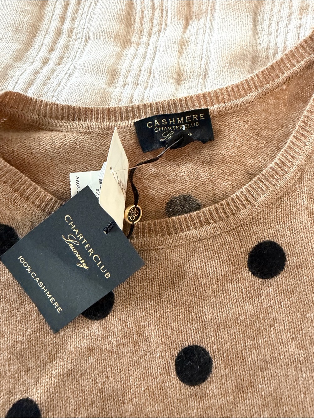 Charter Club Camel Polka Dot Cashmere Crewneck Sweater